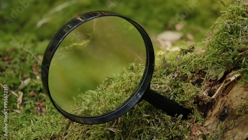  Magnifying glass on the forest floor overgrown with green moss - let's find out what the forest needs