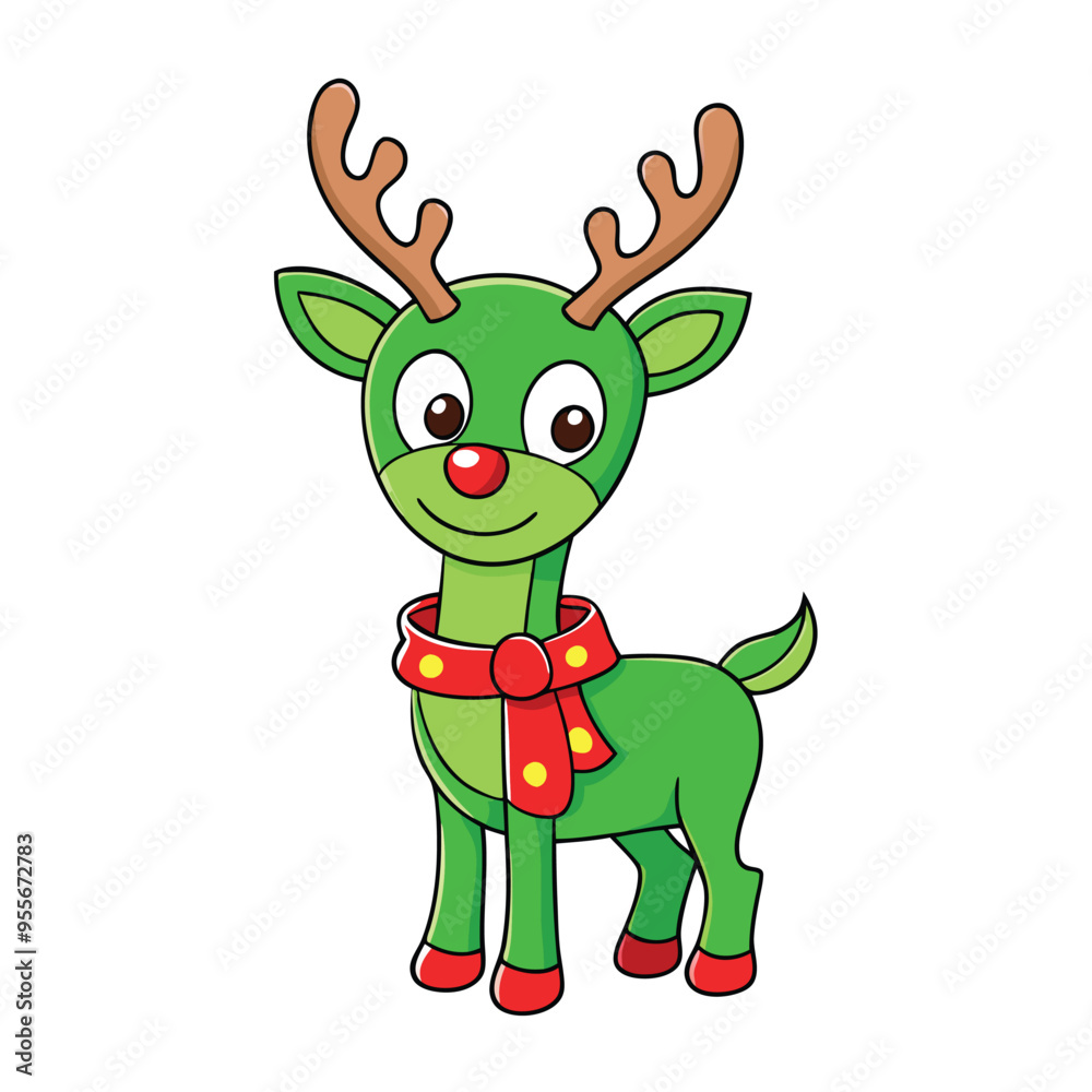Christmas Green Reindeer with Red Ribbon on White Background, Festive Holiday Illustration Perfect for Christmas Cards, Holiday Decorations, Seasonal Graphics, and Winter-Themed Designs Christmas Green Reindeer with Red Ribbon on White Background, Festive Holiday Illustration Perfect for Christmas Cards, Holiday Decorations, Seasonal Graphics, and Winter-Themed Designs