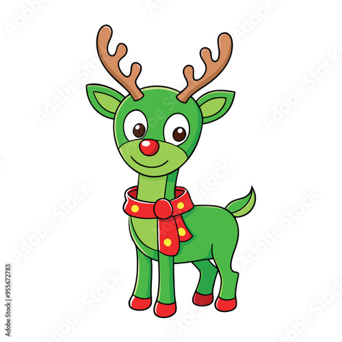 Christmas Green Reindeer with Red Ribbon on White Background, Festive Holiday Illustration Perfect for Christmas Cards, Holiday Decorations, Seasonal Graphics, and Winter-Themed Designs