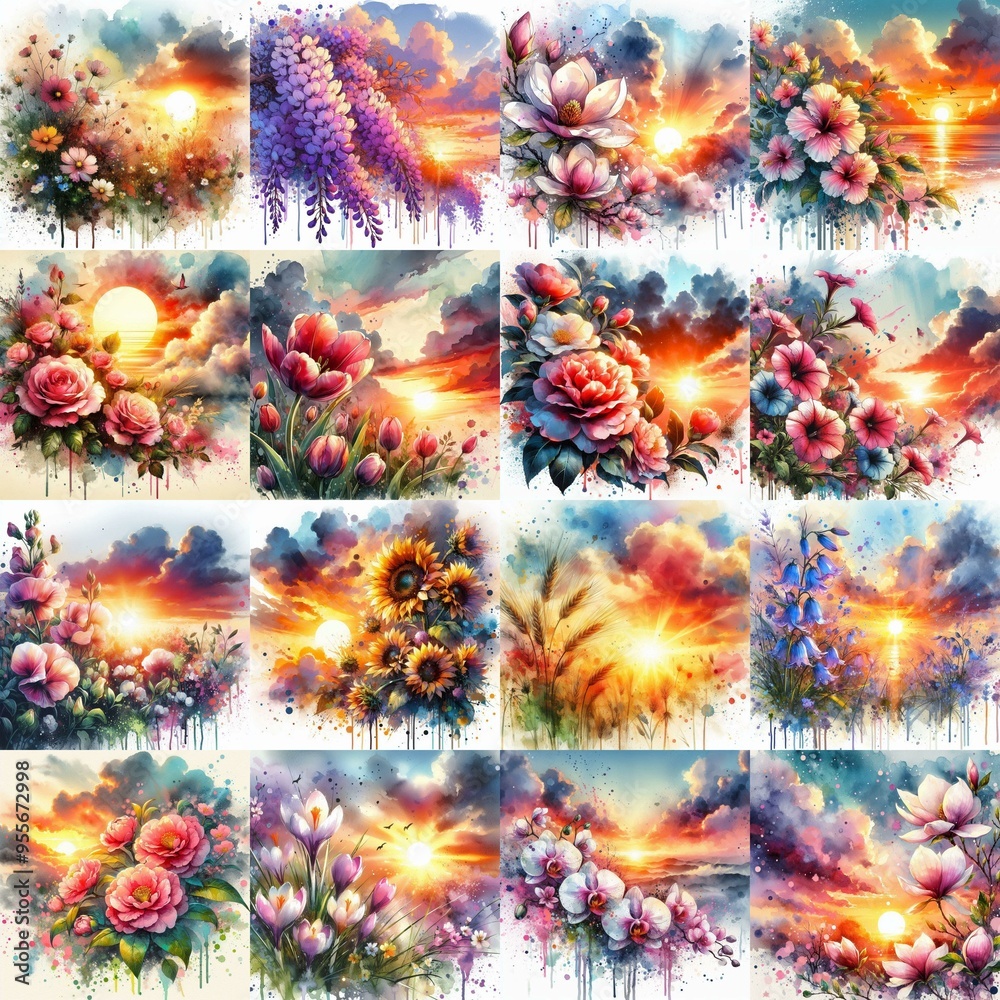 Fototapeta premium watercolor flowers and sunset drawing style floral background. AI generated illustration