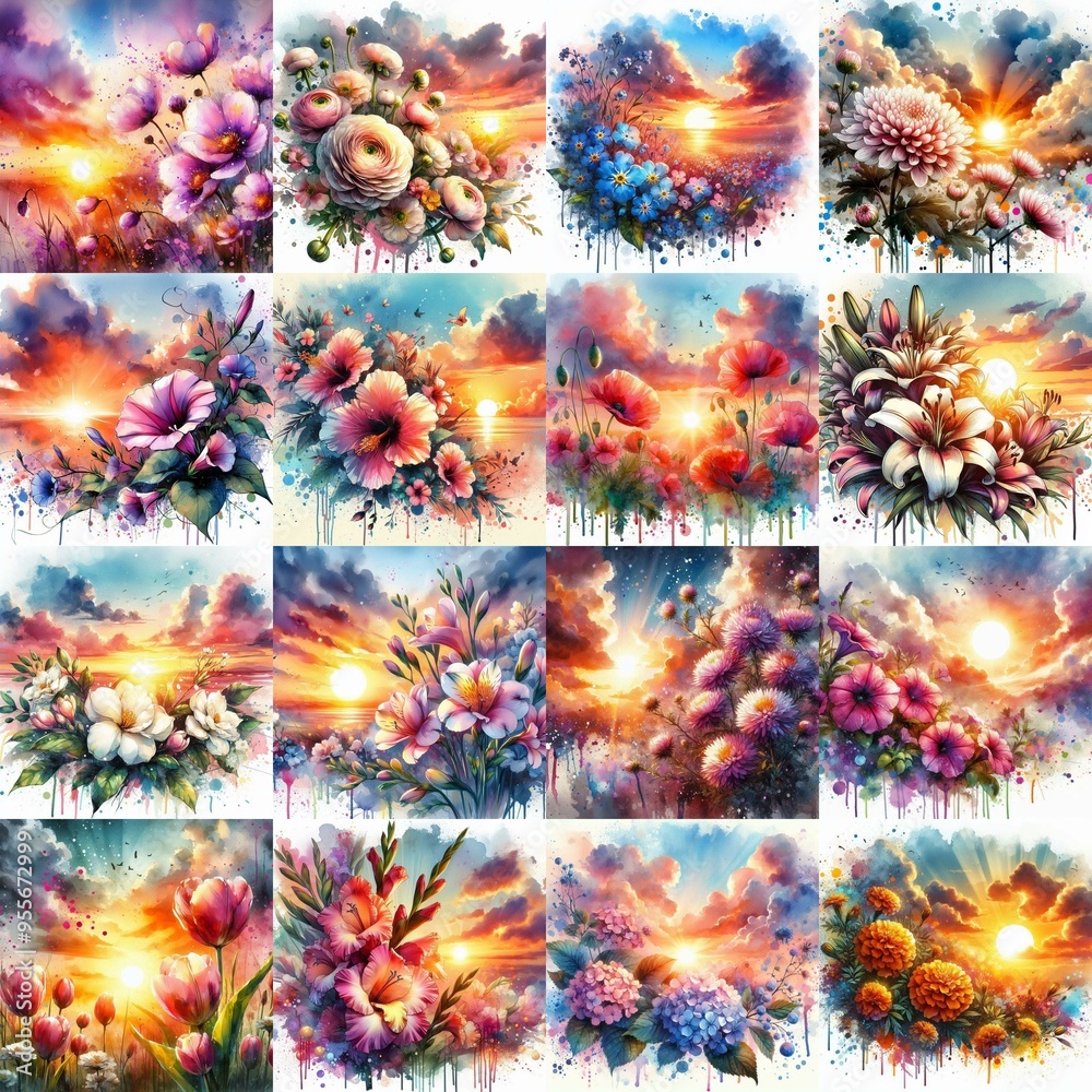 Fototapeta premium watercolor flowers and sunset drawing style floral background. AI generated illustration