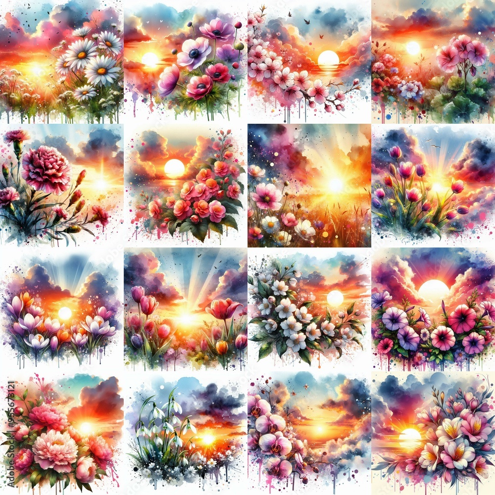 Fototapeta premium watercolor flowers and sunset drawing style floral background. AI generated illustration