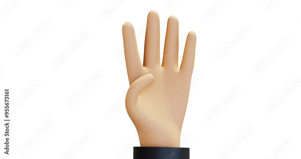 A hand making a number four gesture, with all fingers except the thumb extended. 3d 4k animation, cartoon style, isolated, transparent background. A hand making a number four gesture, with all fingers except the thumb extended. 3d 4k animation, cartoon style, isolated, transparent background.