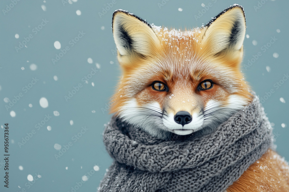 Fototapeta premium Sleek Fox Wearing a Winter Scarf: A Chilly Blue Winter's Tale