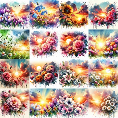 watercolor flowers and sunset drawing style floral background. AI generated illustration