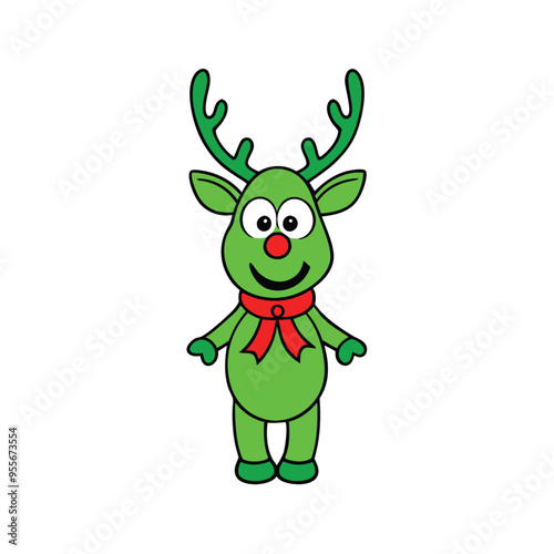 Christmas Green Reindeer with Red Ribbon on White Background for Festive Holiday Designs