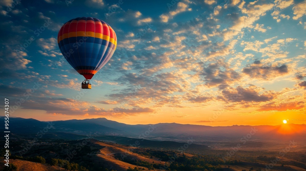 Fototapeta premium Sunrise Serenade: Hot Air Balloon Adventure Over Scenic Landscape