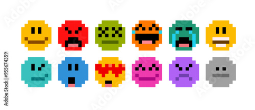 Pixel colorful emotions avatars icons in 8-bit retro video game style - editable vector graphics
