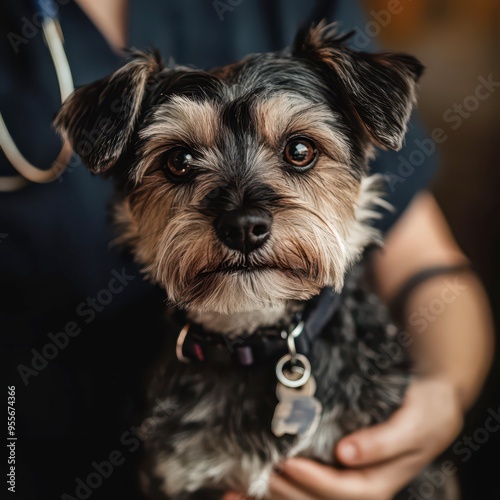 Adorable small dog with unique coat being held by a caregiver indoors