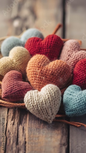 Knitted hearts of different colors on a wooden background selective focus