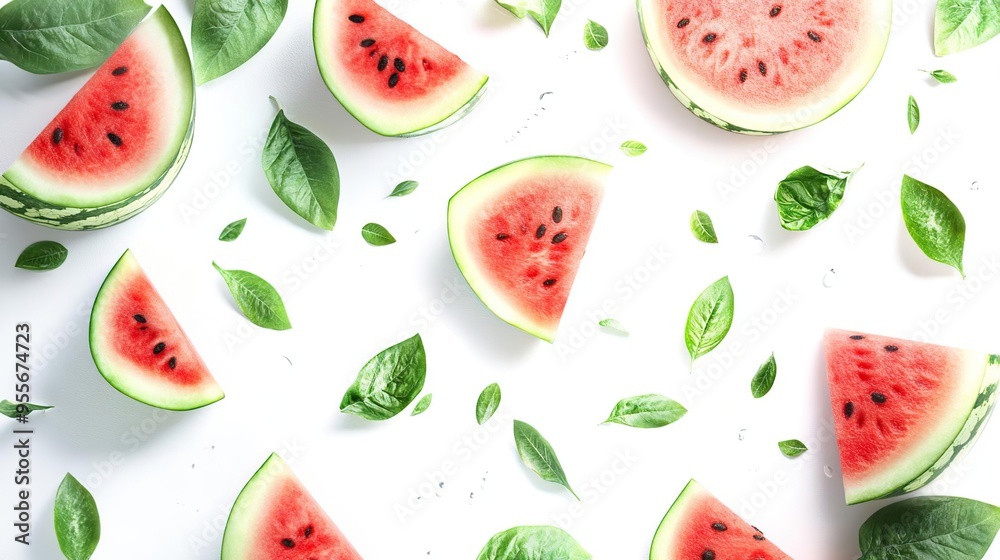 A flat lay of watermelon slices and green leaves on a white background. A flat lay of watermelon slices and green leaves on a white background.