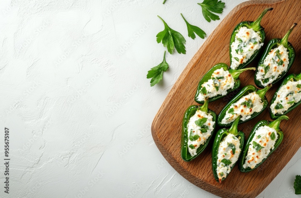 Stuffed Green Peppers on Wooden Board Stuffed Green Peppers on Wooden Board