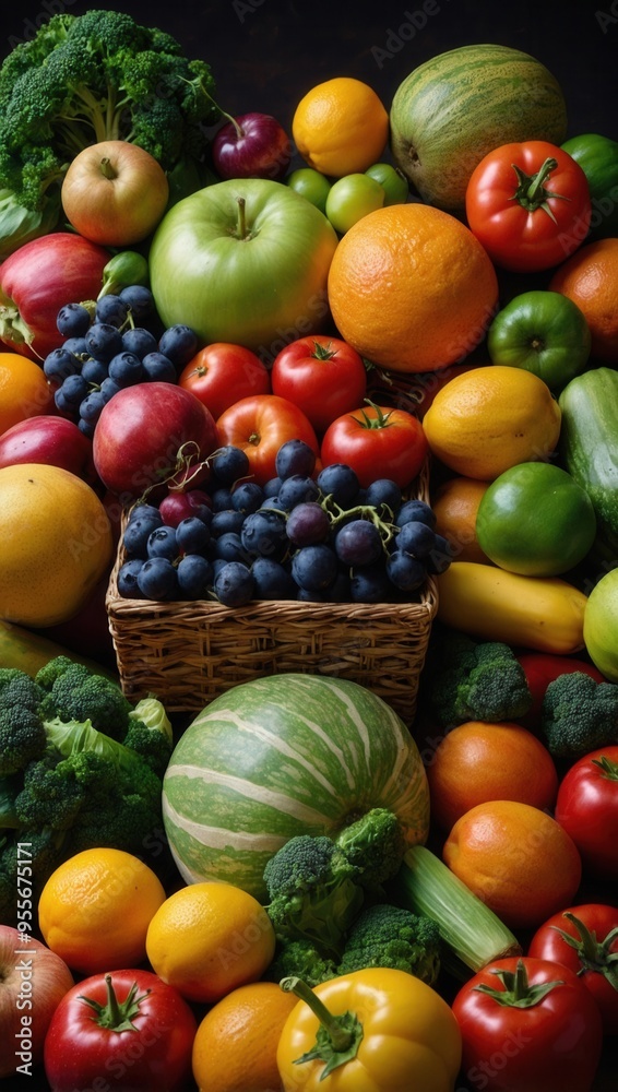 A basket of fruits and vegetables including apples, oranges, tomatoes A basket of fruits and vegetables including apples, oranges, tomatoes