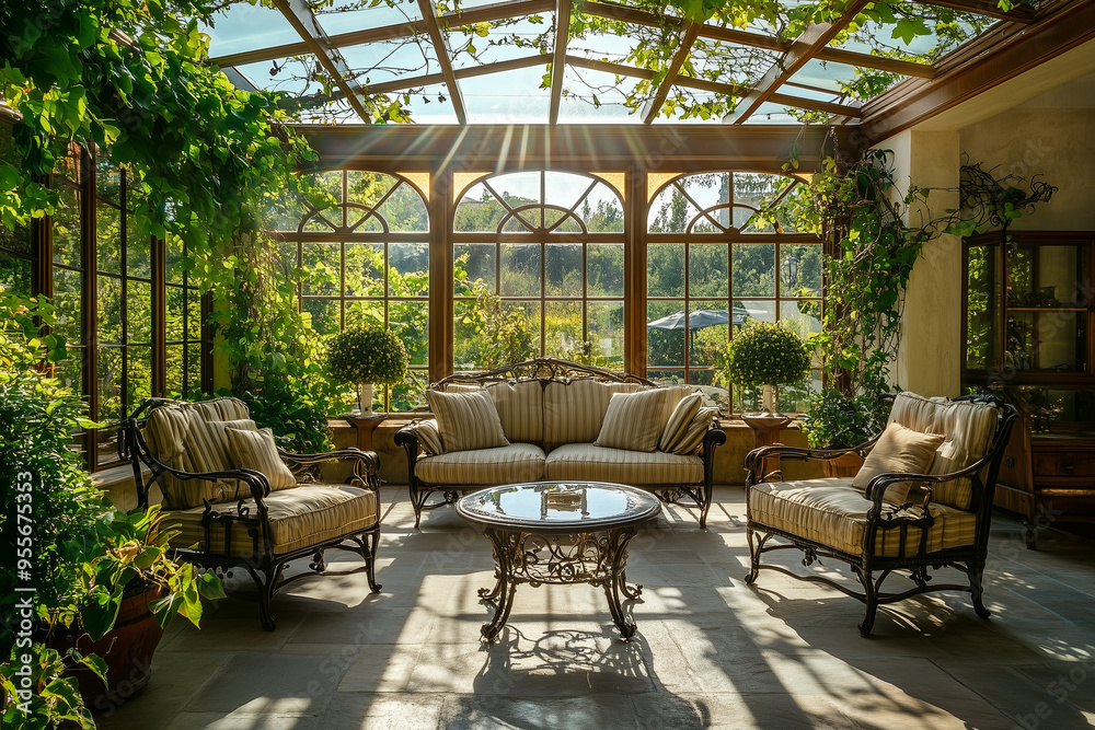 Fototapeta premium Traditional Conservatory in a Grand Estate: Whitewashed Elegance and Greenery