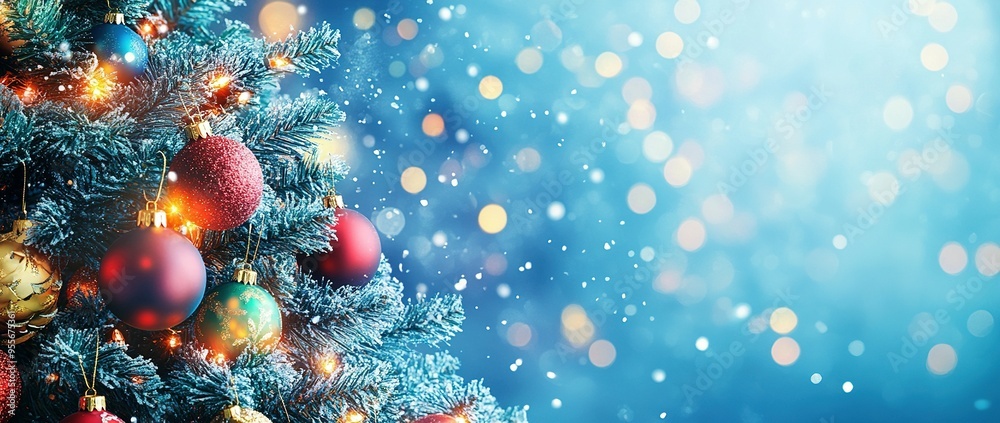 Fototapeta premium Decorated Christmas Tree Branch with Ornaments and Lights Against a Blue Background with Snow