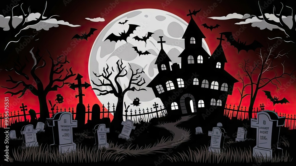 Spooky graveyard horror illustration in black and red. A haunted house at night with a creepy moon, bats in the sky, and a menacing gothic mansion with glowing windows sets Spooky graveyard horror illustration in black and red. A haunted house at night with a creepy moon, bats in the sky, and a menacing gothic mansion with glowing windows sets