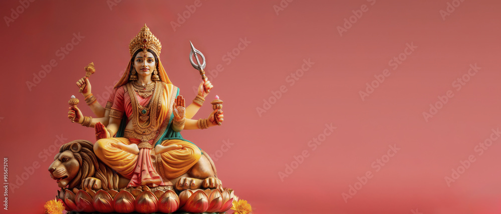 Obraz premium Goddess Durga riding a lion Davona, Durga puja festival, Navratri, Navaratri. With copy space