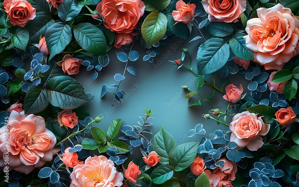 A floral arrangement of peach roses and green leaves creates a heart shape against a blue background. A floral arrangement of peach roses and green leaves creates a heart shape against a blue background.