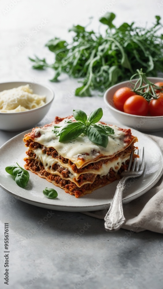 A plate of lasagna with cheese and basil on top A plate of lasagna with cheese and basil on top
