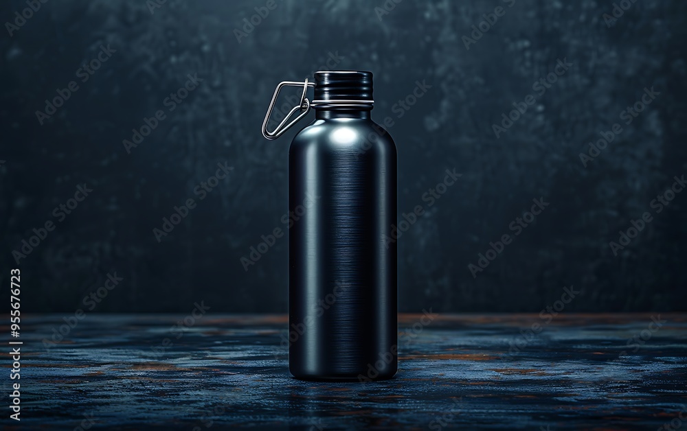 A black stainless steel water bottle with a silver clip on a rustic background. A black stainless steel water bottle with a silver clip on a rustic background.