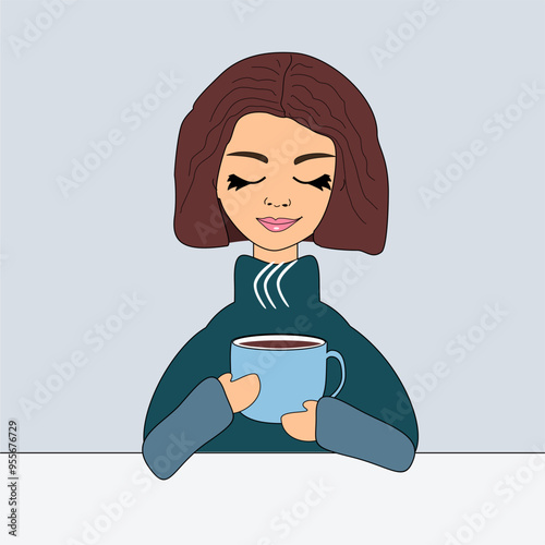 Nice beautiful girl with a cup of coffee vector illustration art cartoon lovely person 