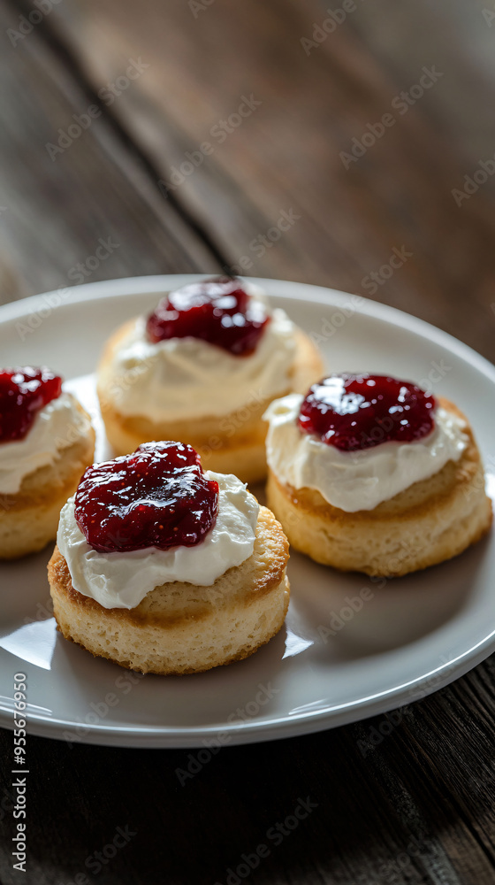 Delicious scones with whipped cream and jam on a white plate, set on a charming wooden table Delicious scones with whipped cream and jam on a white plate, set on a charming wooden table