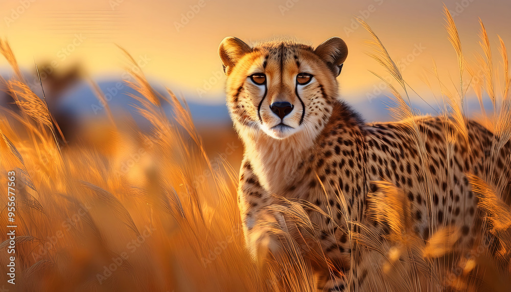 Obraz premium Cheetah Sitting in Tall, Golden Grass: Stealthy Predator Partially Obscured by Foliage in a Natural Habitat