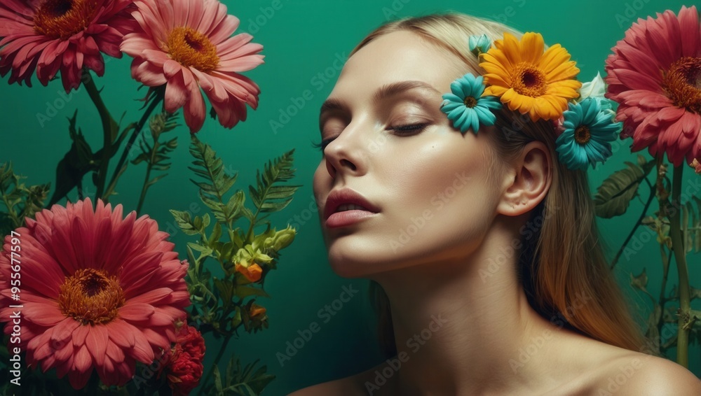 A woman with a flower headband is surrounded by a bunch of flowers