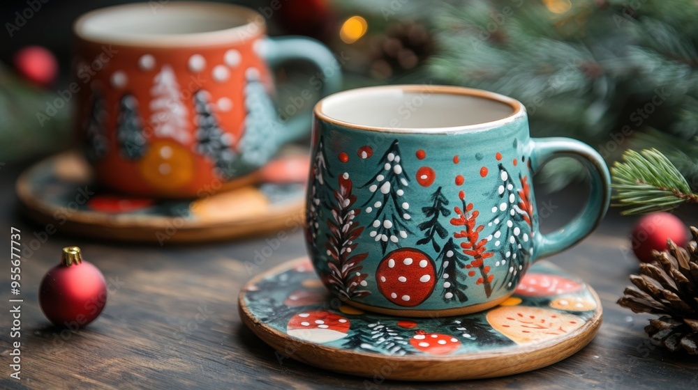 Fototapeta premium holiday gift ideas, unique hand-painted ceramic mugs and festive coasters perfect for a creative christmas gift idea check out our banner