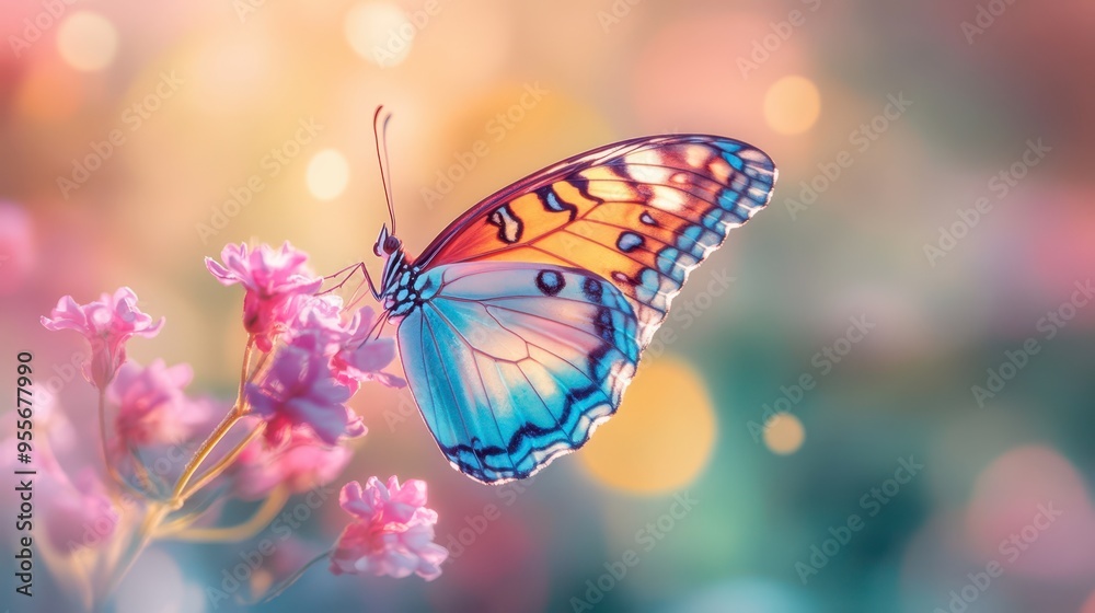 Butterfly perched on vibrant pink flowers in a sunny garden setting Butterfly perched on vibrant pink flowers in a sunny garden setting