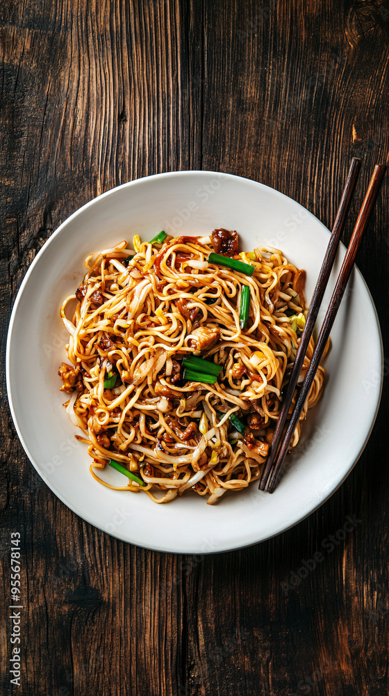 Top-down view of asian-style fried noodles with pork and vegetables, served on a rustic wooden table with chopsticks Top-down view of asian-style fried noodles with pork and vegetables, served on a rustic wooden table with chopsticks