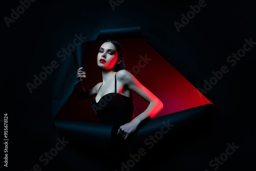 Photo of lady break through dark backdrop look feel passionate isolated color background