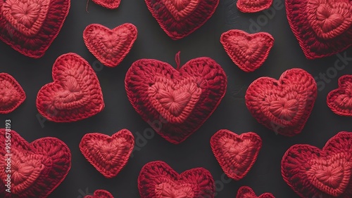 Red crochet valentine hearts on dark bacground
