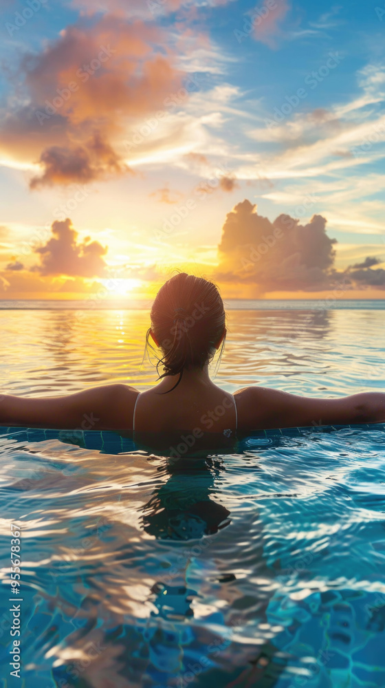 The sunset paints the sky with vibrant colors as a person relaxes in a pool, arms outstretched, enjoying the peaceful moment The sunset paints the sky with vibrant colors as a person relaxes in a pool, arms outstretched, enjoying the peaceful moment