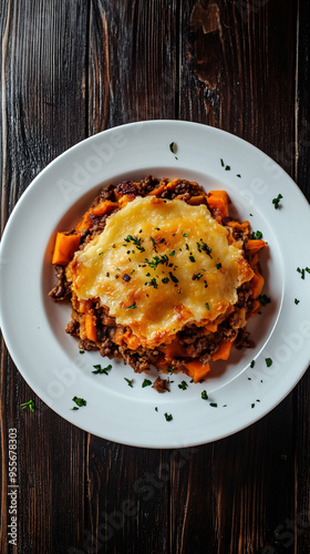 Mouthwatering shepherd's pie with a golden brown crust, served on a white plate and garnished with fresh parsley