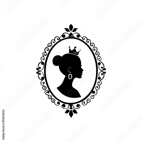 Princess crown Woman face with white small earring silhouette in oval floral frame. Lady profile with retro hairstyle, on white background. Princess in the frame