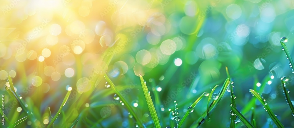 Obraz premium Blurred Fresh Morning Dew On Spring Grass Natural Background Close Up