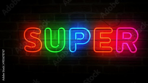 Super neon symbol on brick wall. Best sale promotion light color bulbs abstract concept. photo