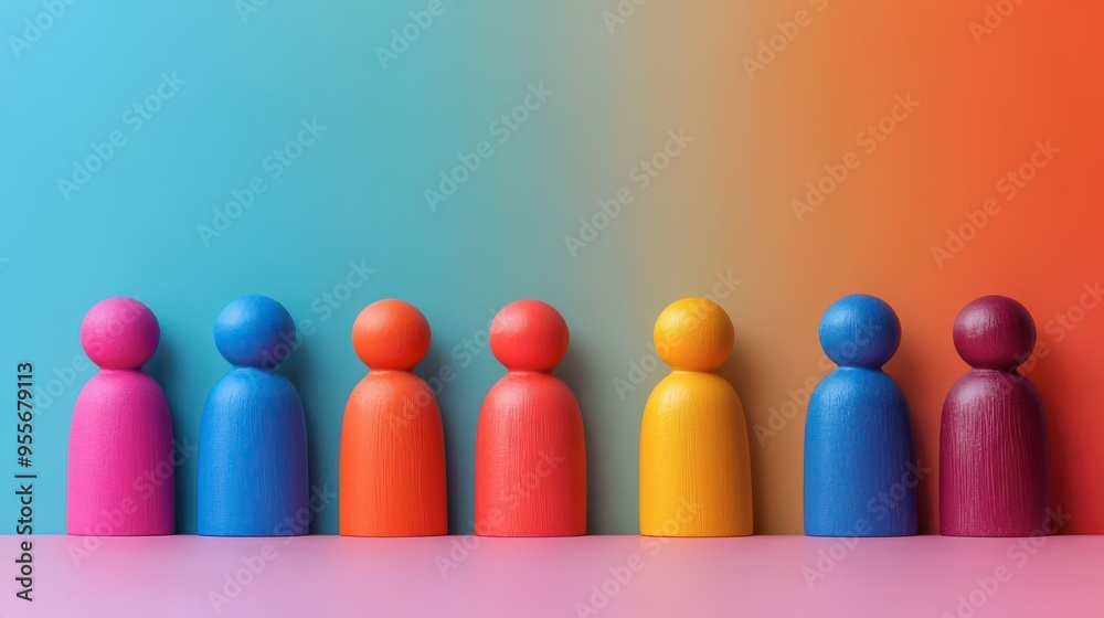 Colorful wooden figurines arranged in a row against a vibrant backdrop Colorful wooden figurines arranged in a row against a vibrant backdrop