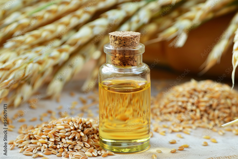 bottle of wheat seed oil with ears of wheat on table bottle of wheat seed oil with ears of wheat on table