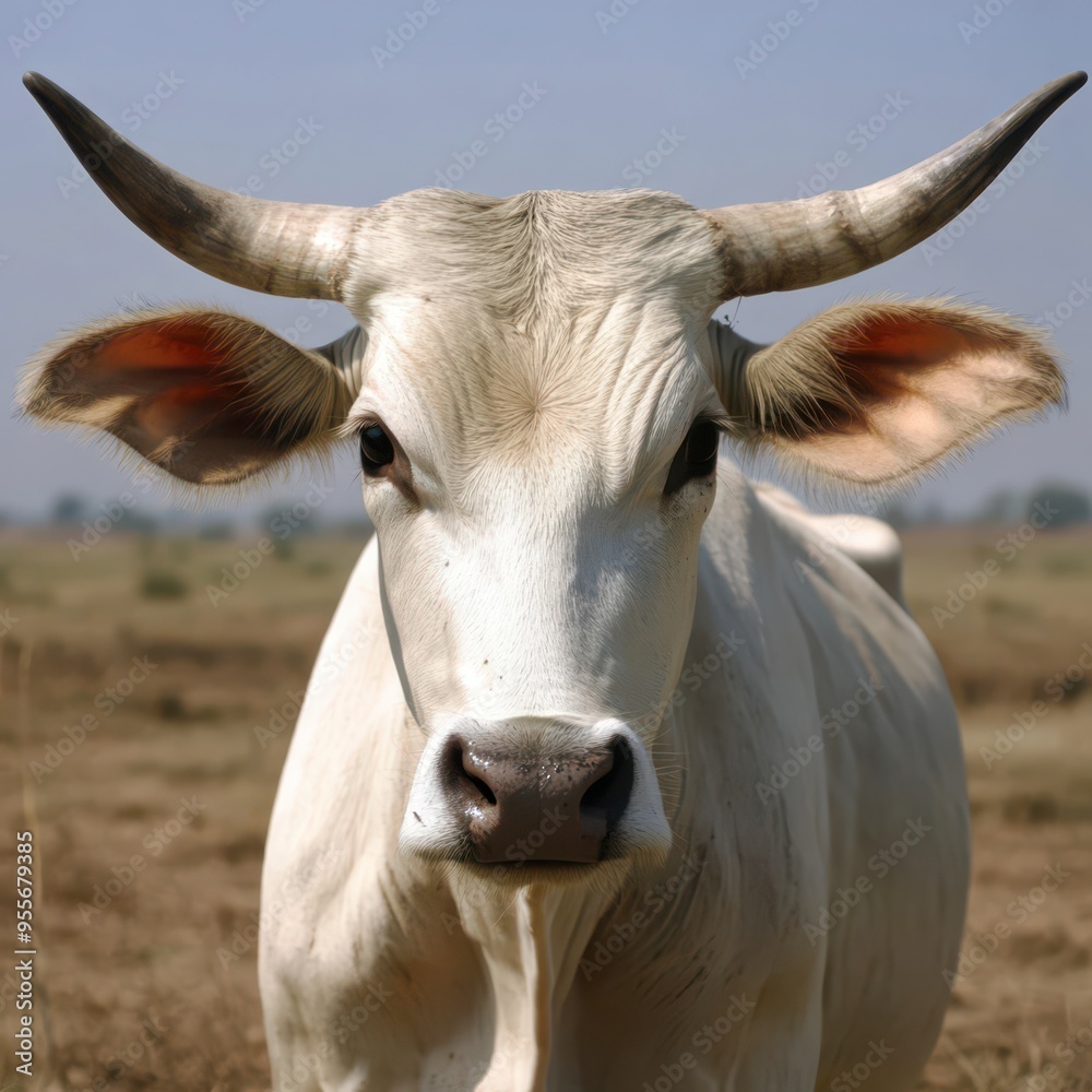 A close-up view of a white cow in a rural setting during daylight A close-up view of a white cow in a rural setting during daylight