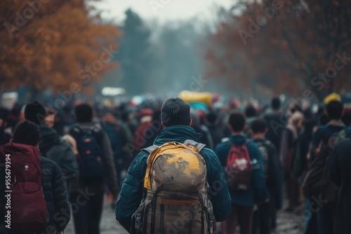 Wallpaper Mural Groups of individuals carrying bags traverse a crowded area near a border, highlighting the struggles and hopes of displaced people. Generative AI Torontodigital.ca