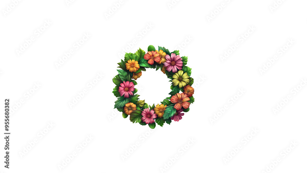 Lush summer flower wreath with pink and orange blossoms on transparent background Lush summer flower wreath with pink and orange blossoms on transparent background