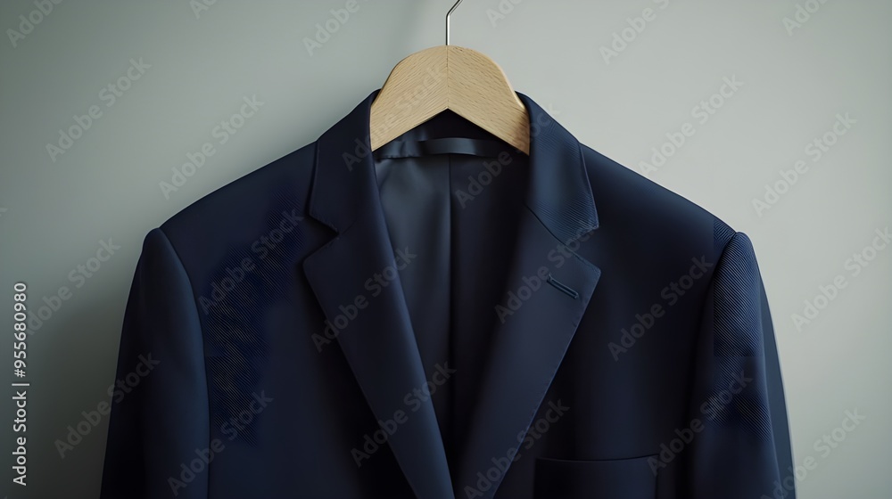 A plain navy blue blazer hanging on a wooden hanger against a soft gray background, highlighting its classic, professional look. A plain navy blue blazer hanging on a wooden hanger against a soft gray background, highlighting its classic, professional look.