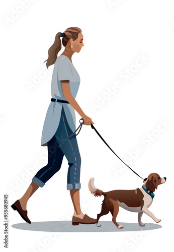Young woman walking a beagle dog in a green collar on a leash