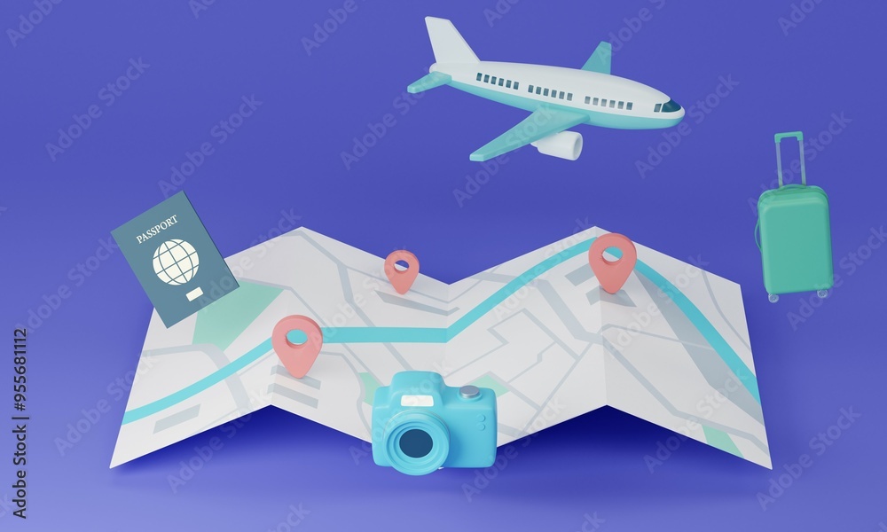 Summer vacation concept. Airplane flies over map and passport, camera, suitcase. 3d rendering Summer vacation concept. Airplane flies over map and passport, camera, suitcase. 3d rendering