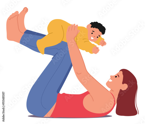 Mother Doing Yoga Exercises While Holding Her Baby On Her Legs. Mom Character Is Smiling And Baby Is Enjoying The Moment