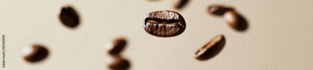 Coffee beans levitating in the air on a light background Coffee beans levitating in the air on a light background