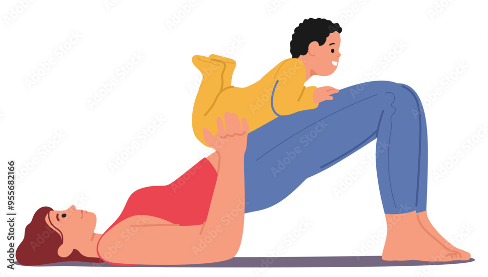 Mother lying on the floor practicing yoga with her baby on her legs. Cartoon mom character bonding with her child Mother lying on the floor practicing yoga with her baby on her legs. Cartoon mom character bonding with her child