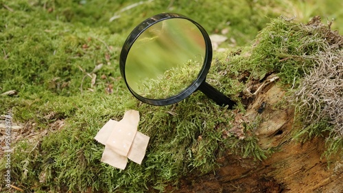 Tree stump covered with lush green moss and marked with a sticking plaster and magnifying glass